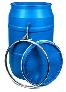 55 GALLON BLUE PLASTIC DRUM, OPEN HEAD, UN RATED, LEVER LOCK