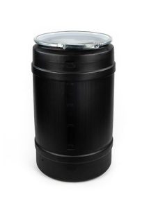 30 GALLON PLASTIC DRUM, OPEN HEAD, UN RATED, LEVER LOCK - BLACK
